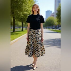 Vintage Blue and Orange Ruffled Circle Midi Skirt